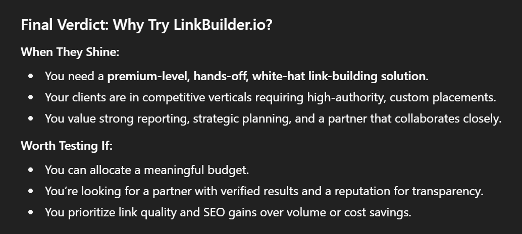 ChatGPT analysis of LinkBuilder.io